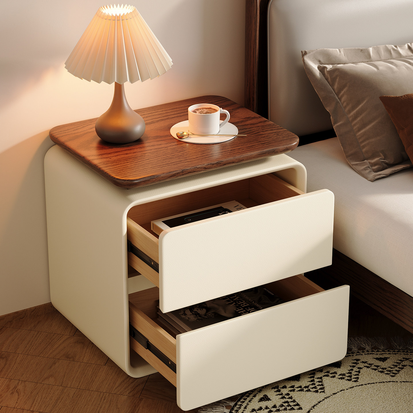 Solid Wood Nightstand 2 Drawers - Mesa de noche moderna y minimalista,