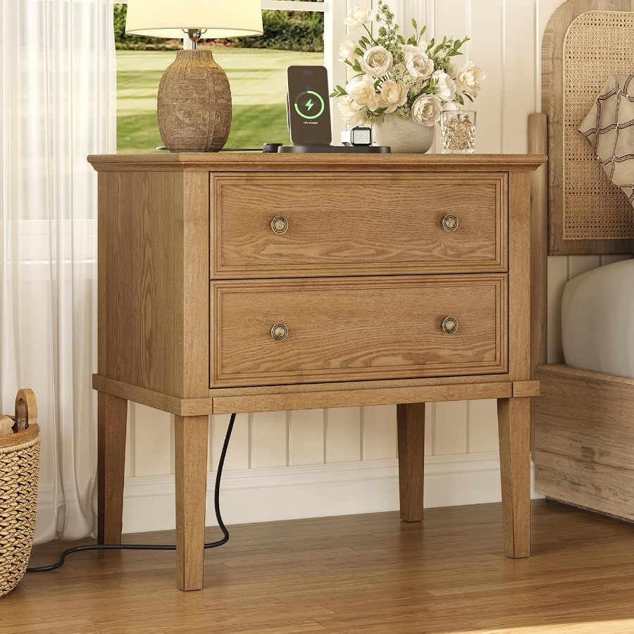 Solid Wood Nightstand 2 Drawers - Mesita de noche de madera maciza