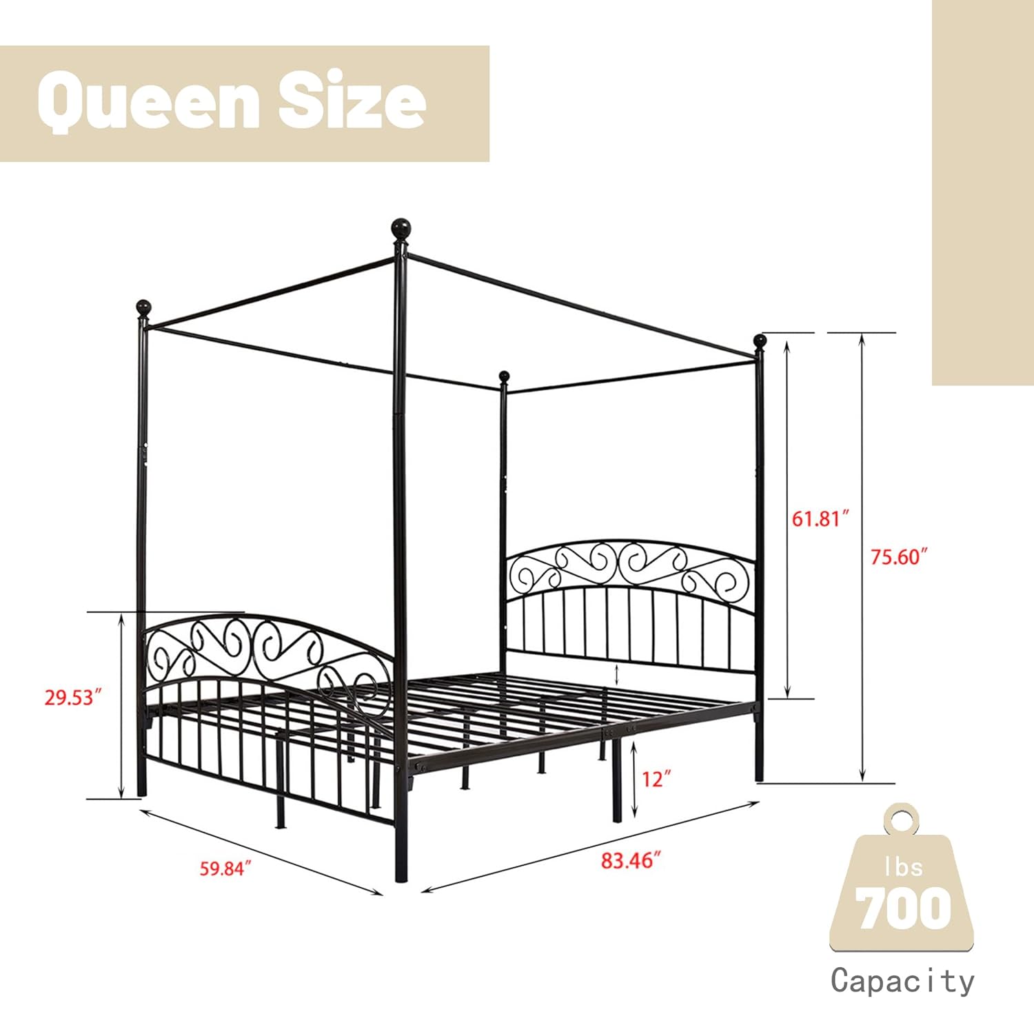 Base de Cama con Toldo de Meta - Canopy Bed Frame Metal Queen reseña y precio