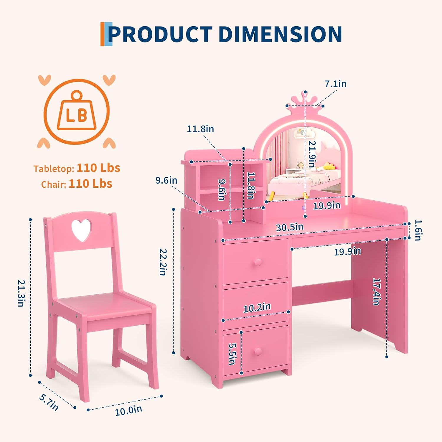 Tocador infantil con espejo il - Dressing Table Vanity With Lighted Mirror reseña y precio