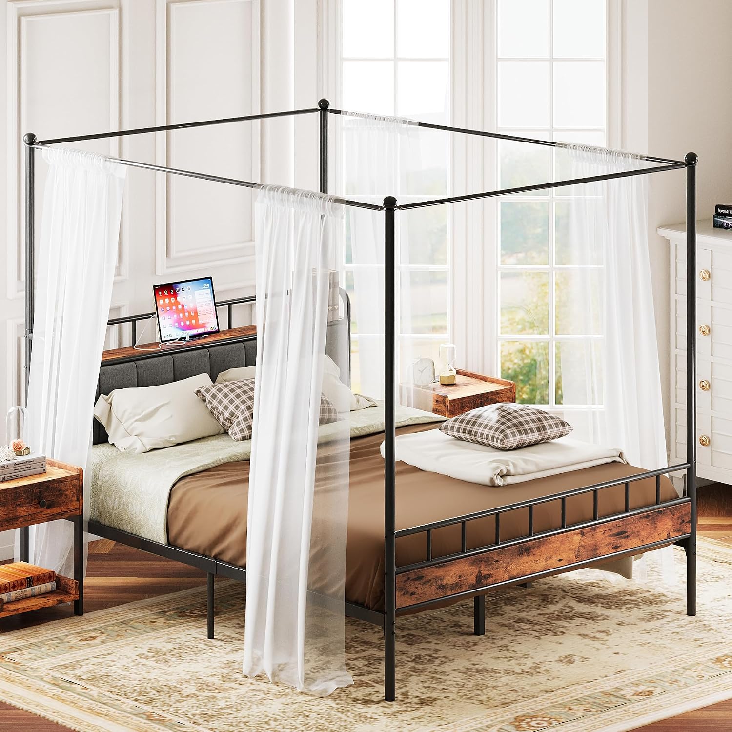 Estructura de cama con cabecer - Canopy Bed Frame Metal Queen reseña y precio