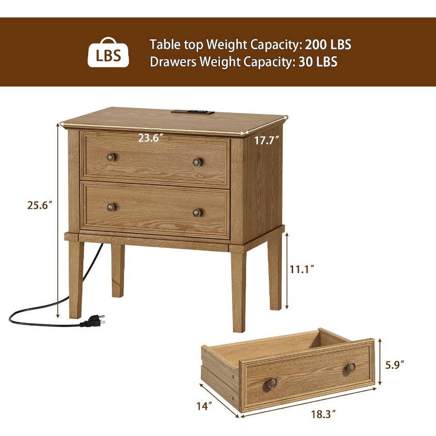 Mesita de noche de madera maci - Solid Wood Nightstand 2 Drawers reseña y precio