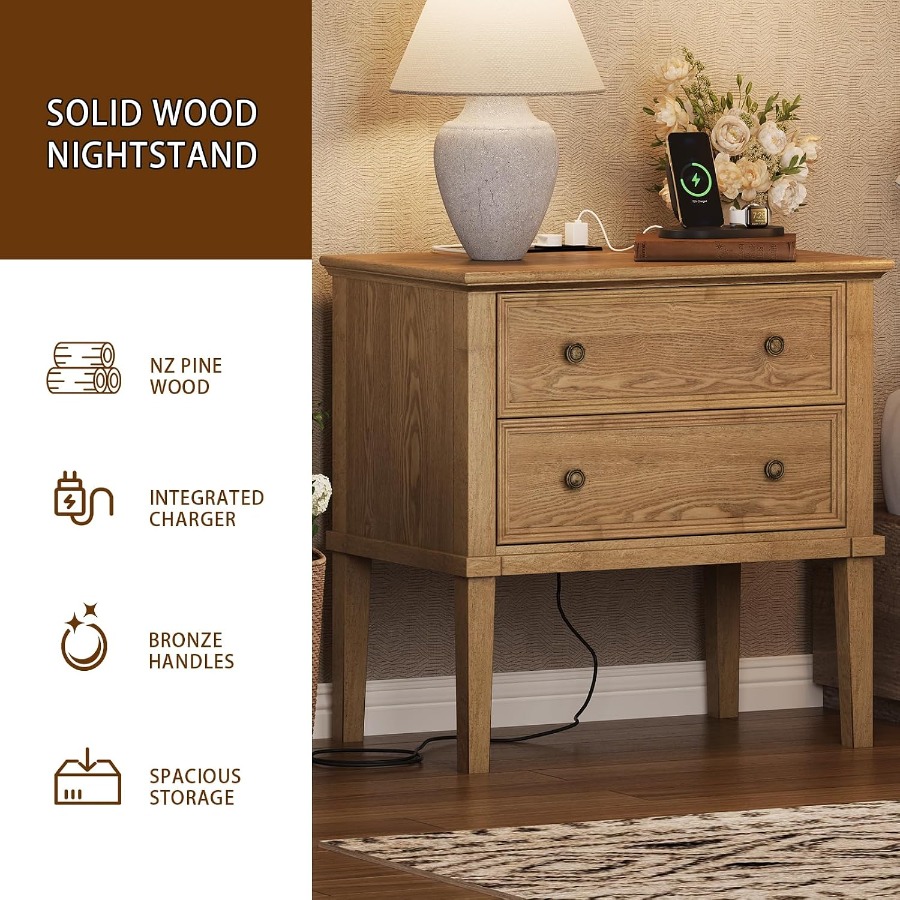 Mesita de noche de madera maci - Solid Wood Nightstand 2 Drawers reseña y precio